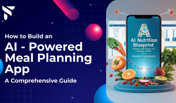 Illustration of an AI-Driven Meal Planning App with AI Nutrition Blueprint interface, fresh vegetables, fruits, and diet analytics dashboard for healthy eating.