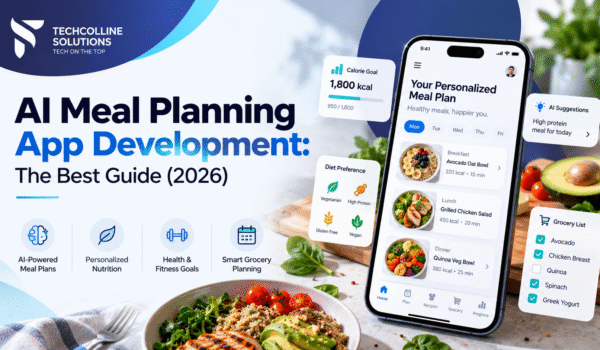 AI meal planning app development – mobile app screens showing a personalized weekly meal plan, calorie tracker and grocery list