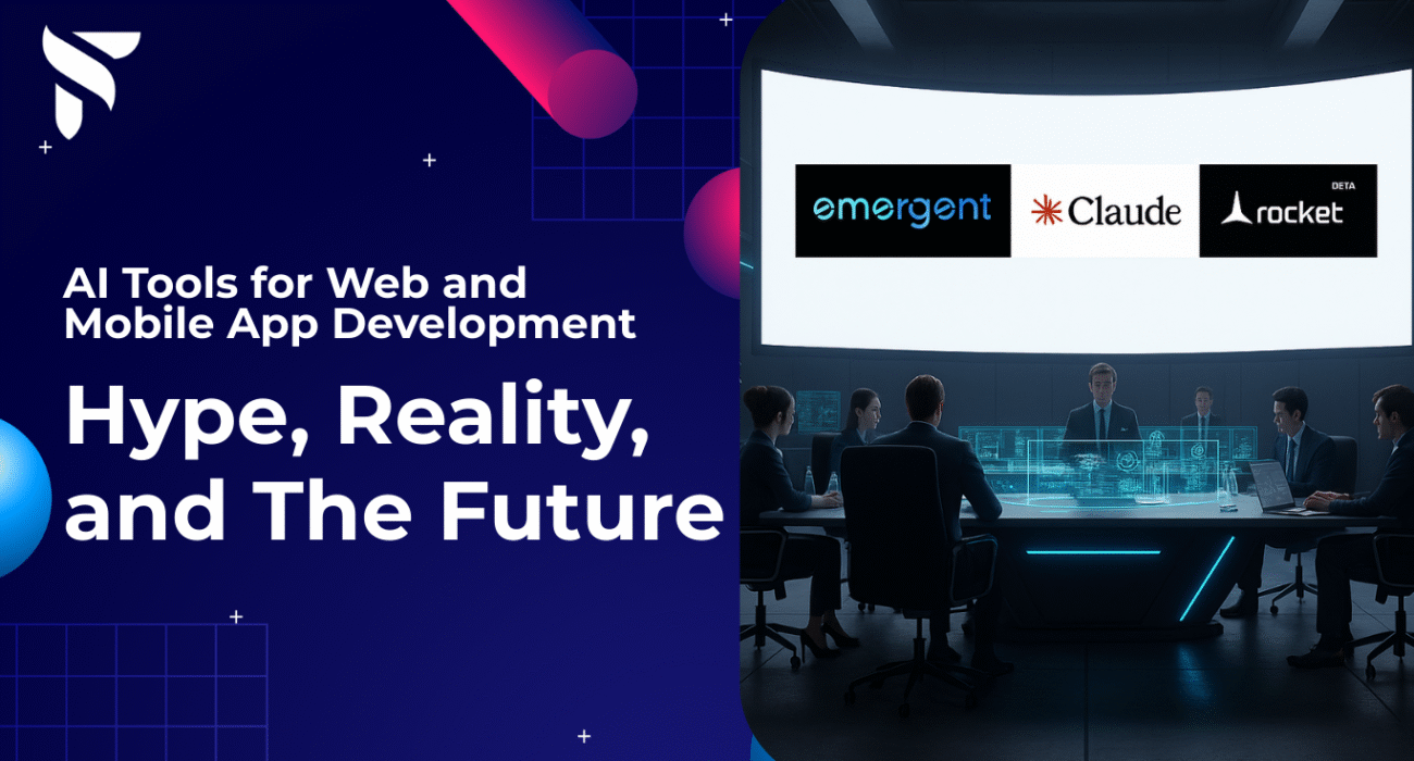 AI-powered development platforms for web and mobile app development with Rocket.new, Emergent, Claude.ai logos and Techcolline Solutions branding