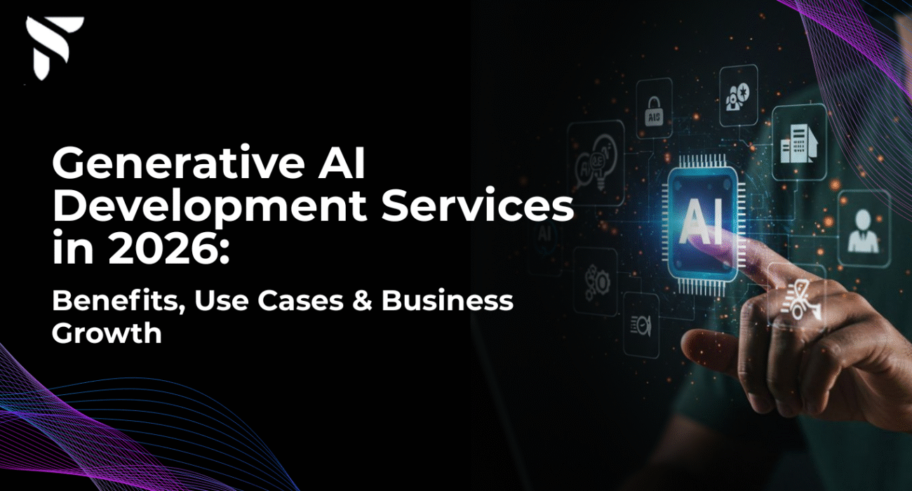 Generative AI development services in 2026 showcasing AI-powered business automation, enterprise AI solutions, and digital transformation technologies.